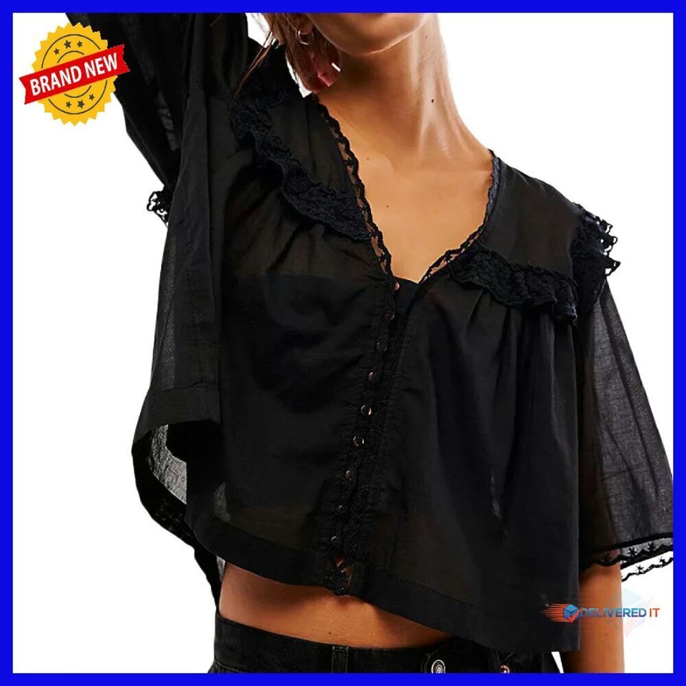 Sheer Chiffon V-Neck Blouse with Lace Trim, 3/4 Sleeve, Button Down